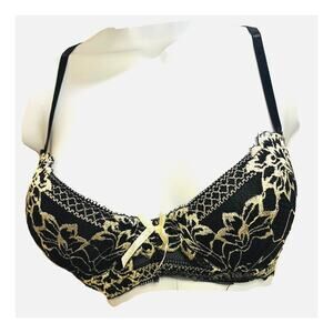 Rene Rofa Bra Underwire Padded 34B Black Beige Floral Lace Pushup Sexy Used